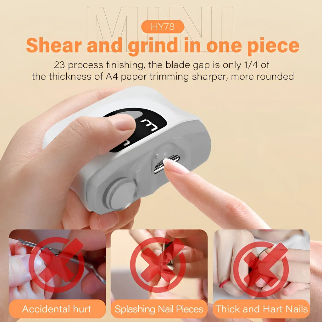 White and gray handheld electric nail clippers with led display designed for precise shearing and grinding in one piece