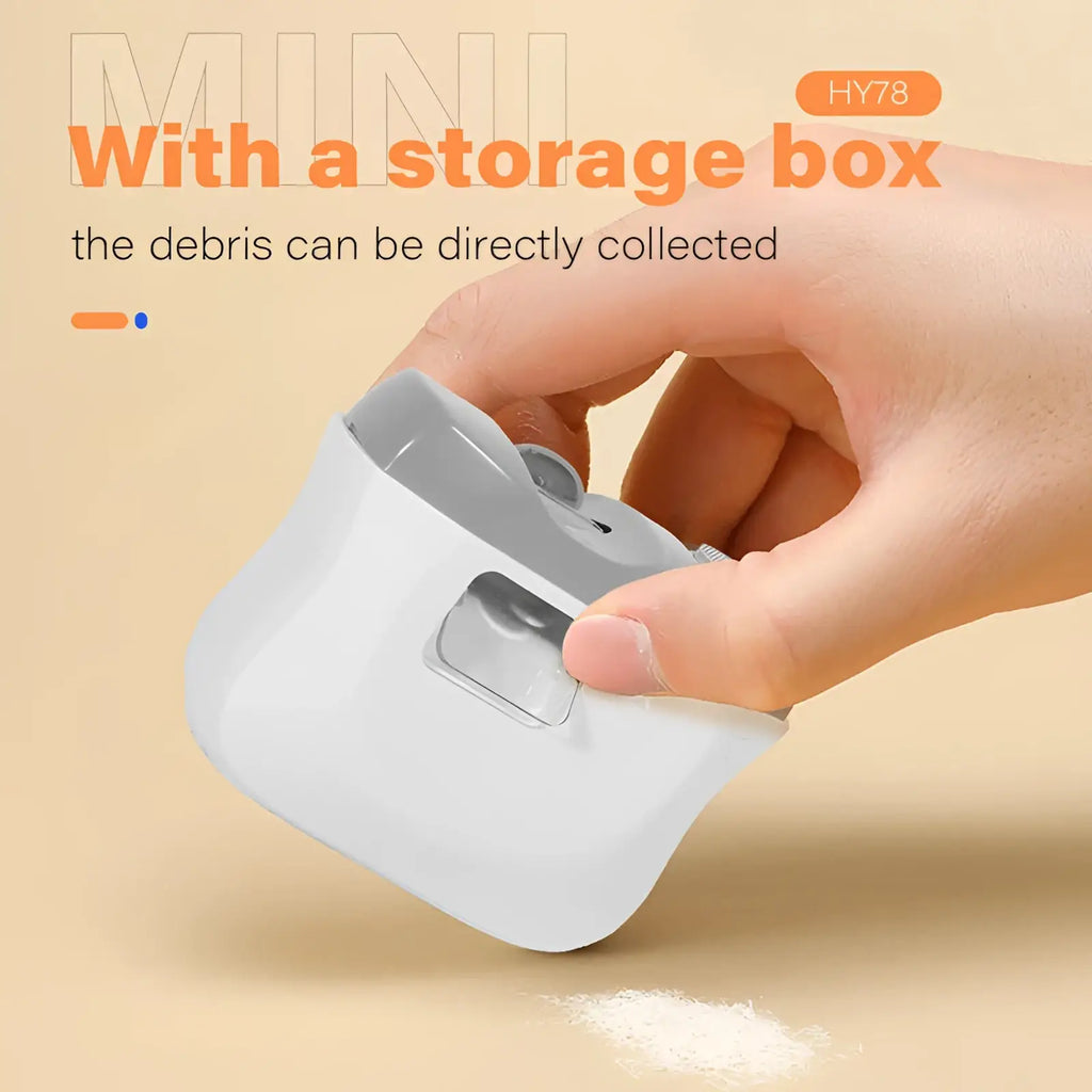 White and gray plastic electric nail clippers with led display and hinged mini storage box for debris collection