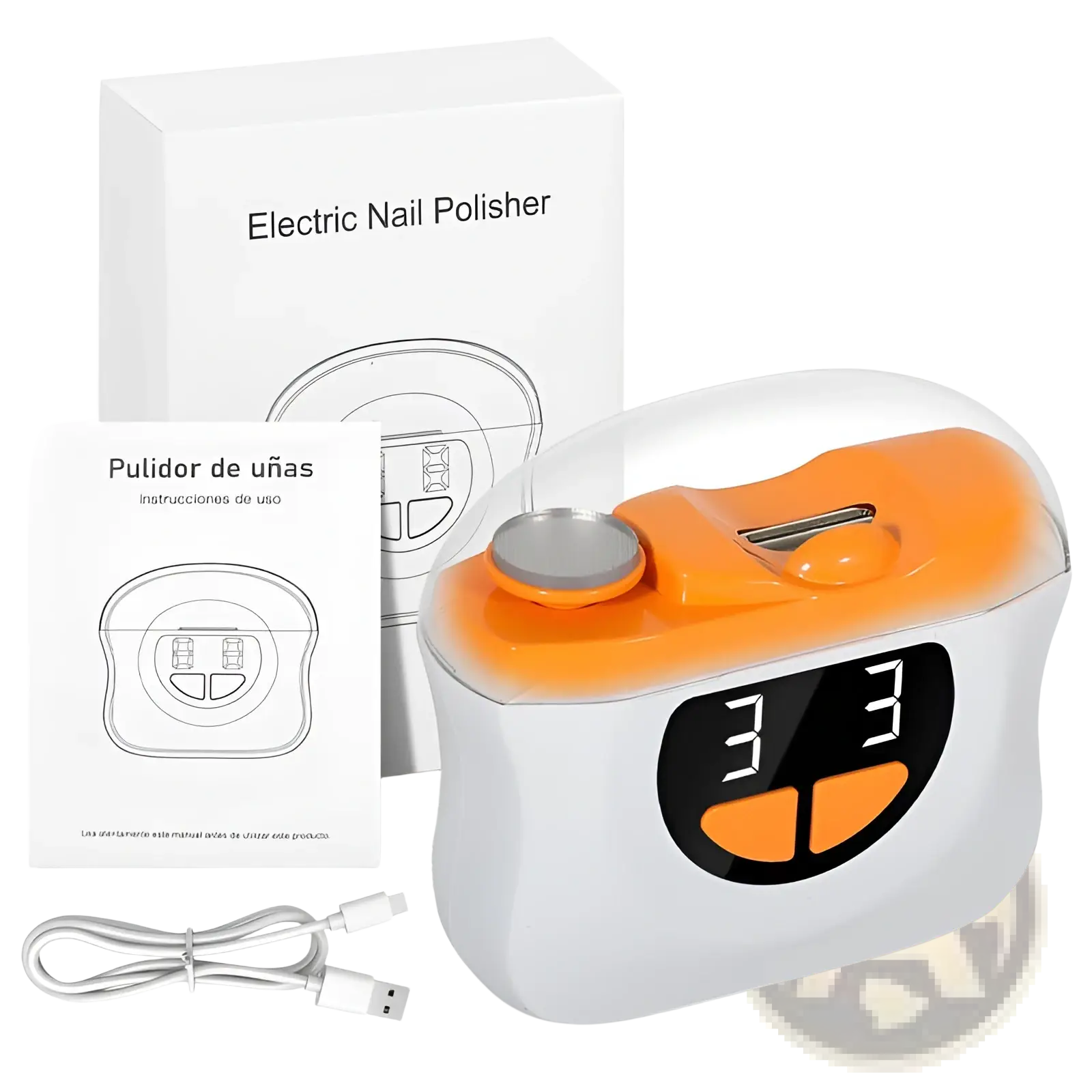 White and orange electric nail clippers with led display and trimmer showing 3 3 on digital front panel