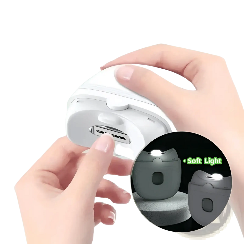 White electric nail clippers rechargeable automatic trimmer with soft light and usb charging port visible