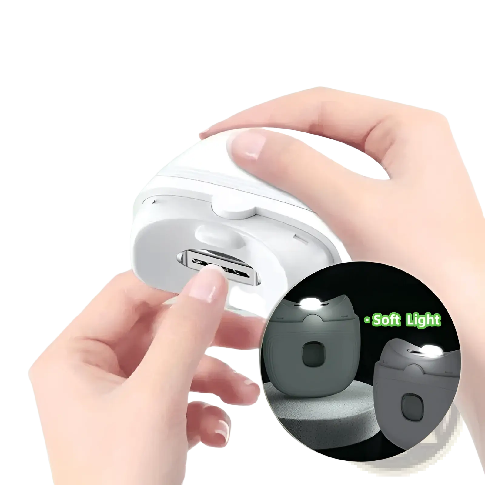 White electric nail clippers rechargeable automatic trimmer with soft light and usb charging port visible