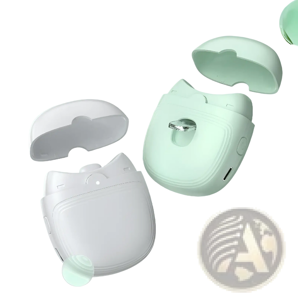 White cat-shaped wireless earbud case with smooth plastic finish and silver hinge accent for electric nail clippers rechargeable automatic trimmer
