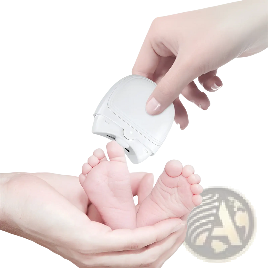 White wireless earbud charging case held above baby’s feet next to electric nail clippers rechargeable automatic trimmer