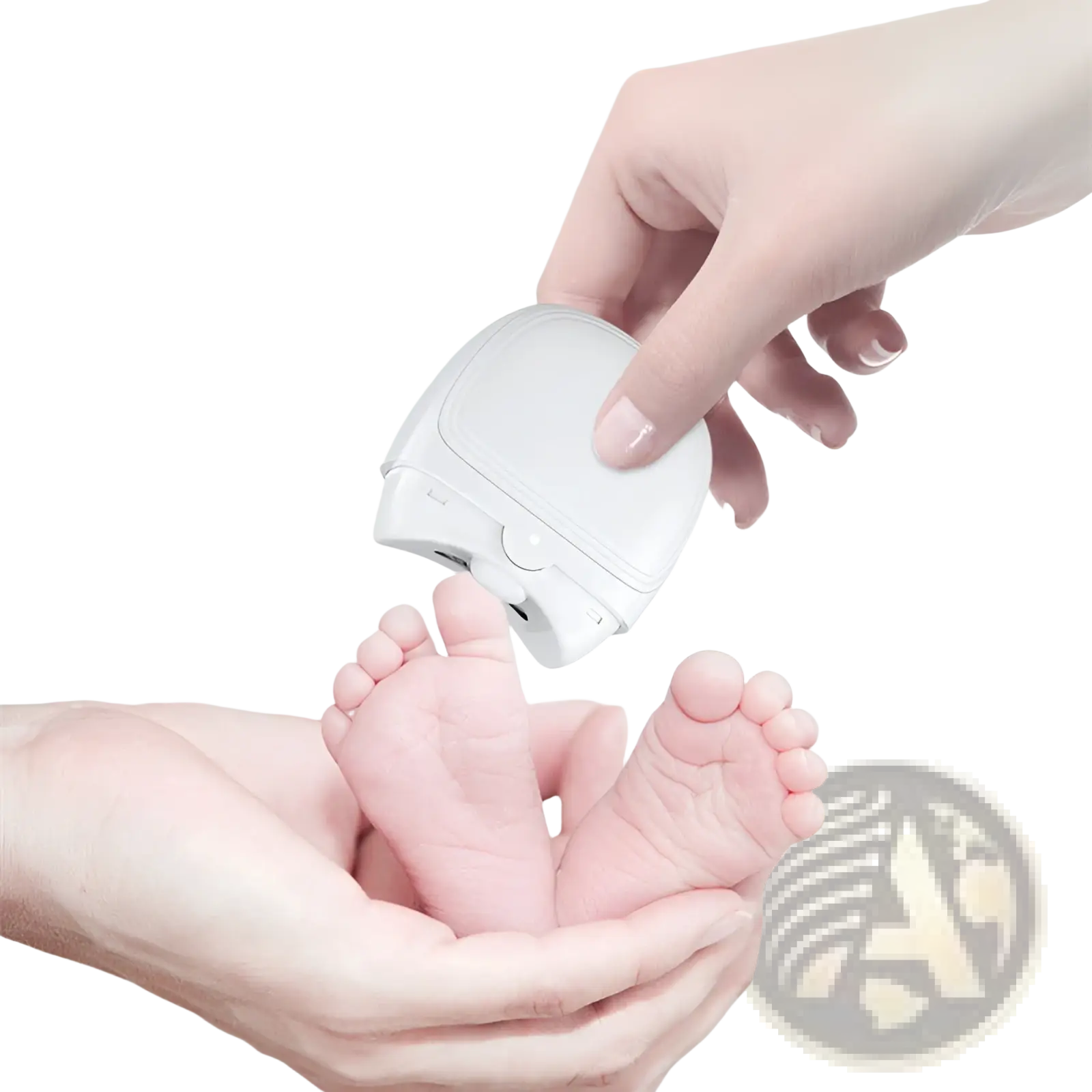 White wireless earbud charging case held above baby’s feet next to electric nail clippers rechargeable automatic trimmer
