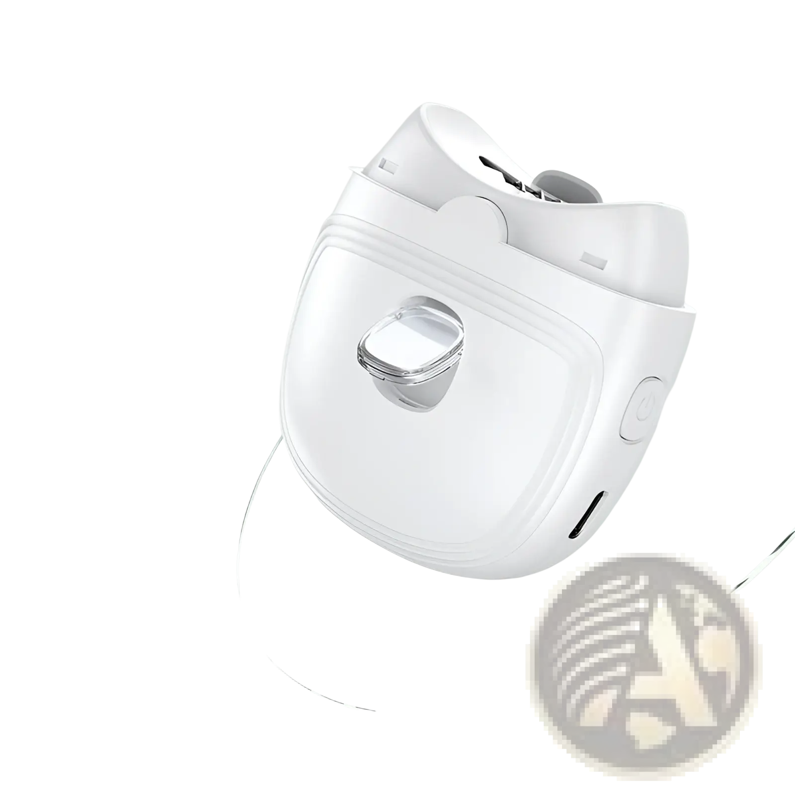 White plastic electric nail clippers with rechargeable automatic trimmer and sleek silver accent button
