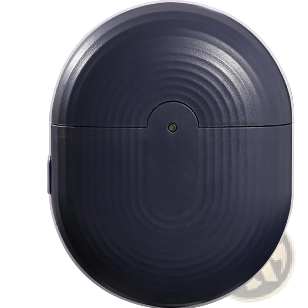 Black oval rechargeable electric nail clippers case with concentric ridges and a metallic button at the center