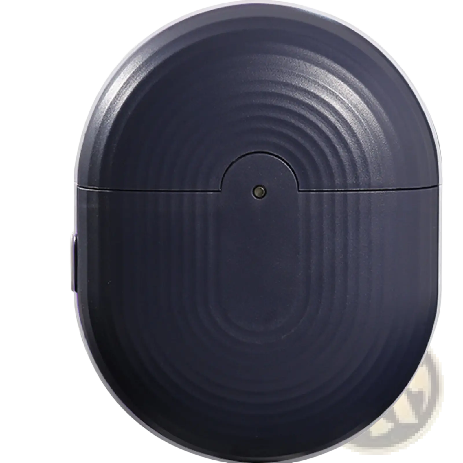 Black oval rechargeable electric nail clippers case with concentric ridges and a metallic button at the center