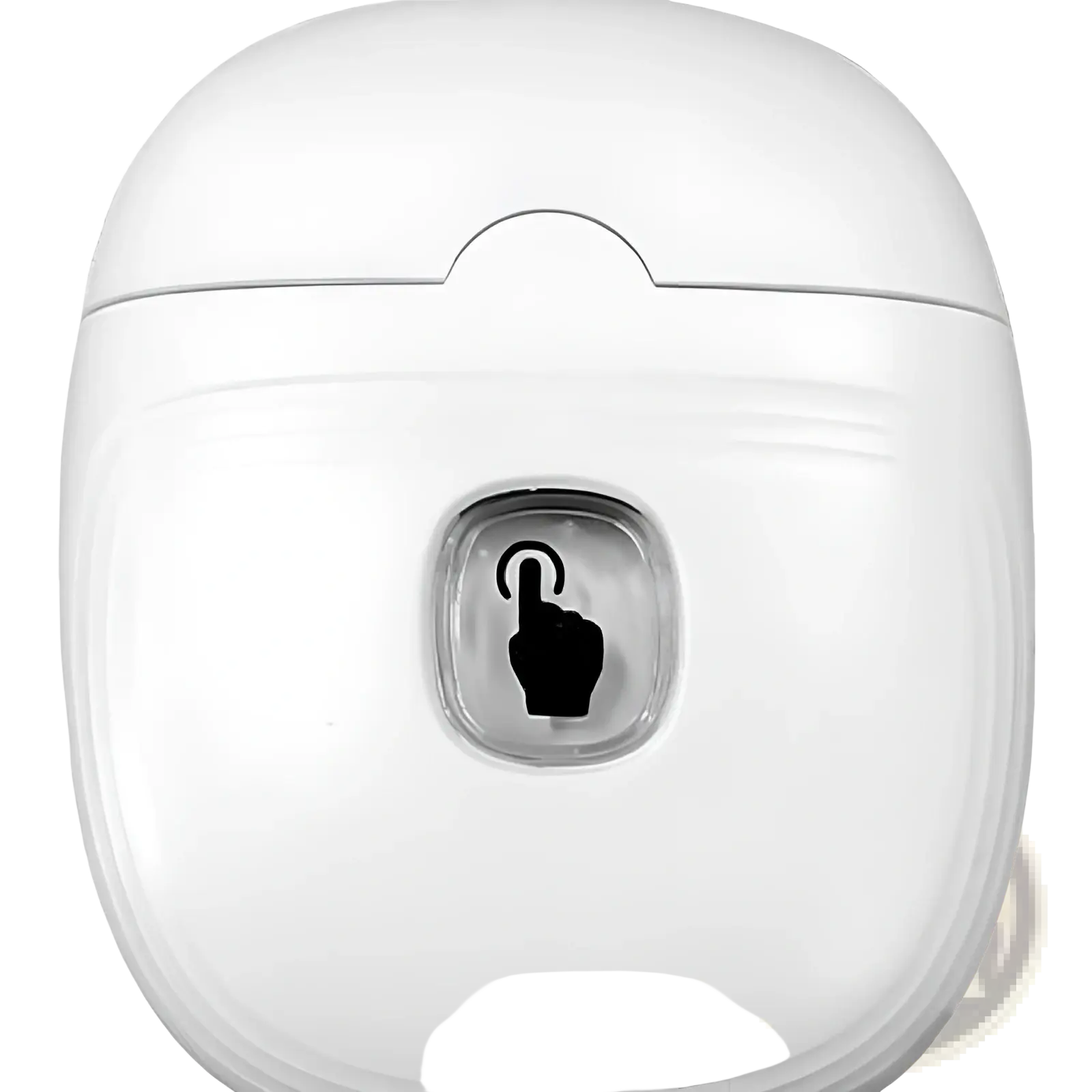 White silicone earbud case with clear touch-sensitive button and black finger icon for electric nail clippers trimmer