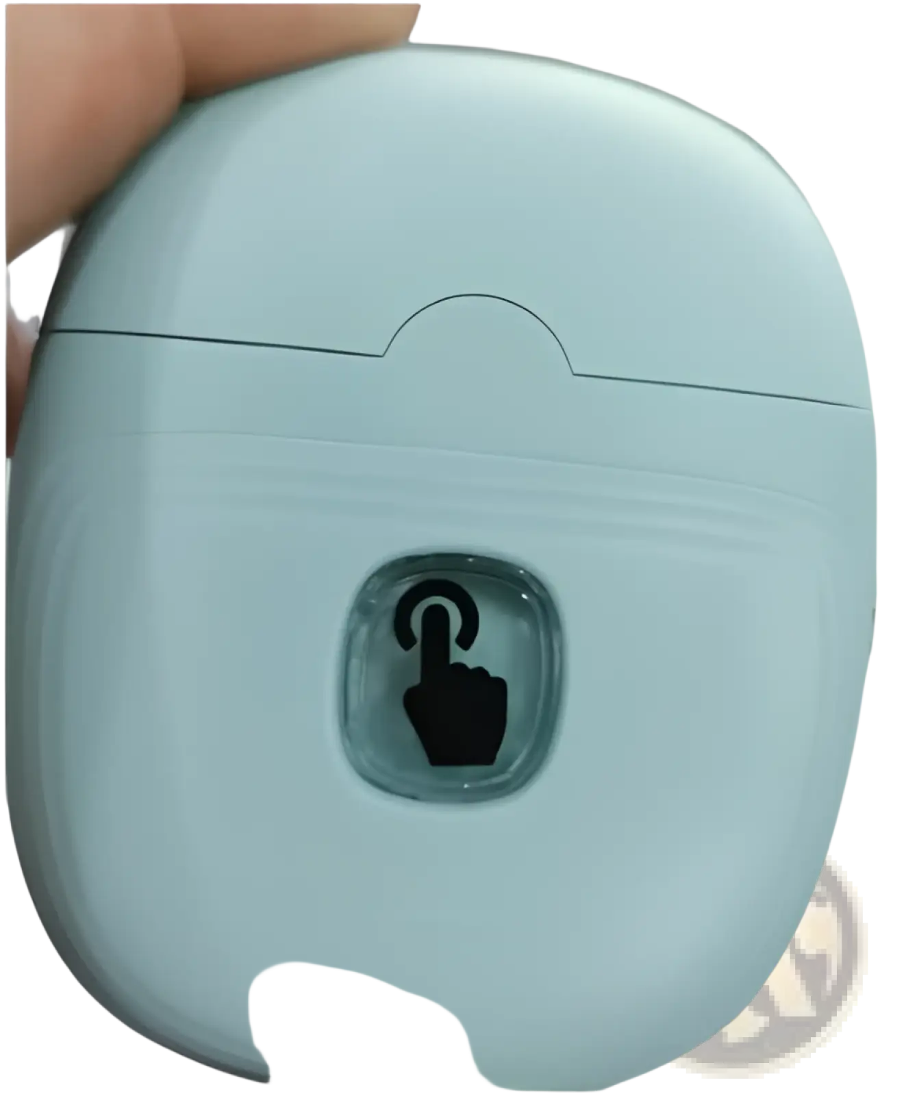 Light blue rounded rectangular rechargeable electric nail clippers charging case with touch-sensitive finger icon button