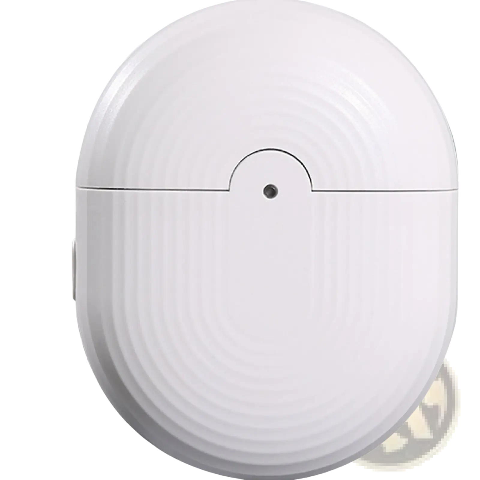 White oval rechargeable electric nail clippers case with subtle concentric ridges and minimalist design