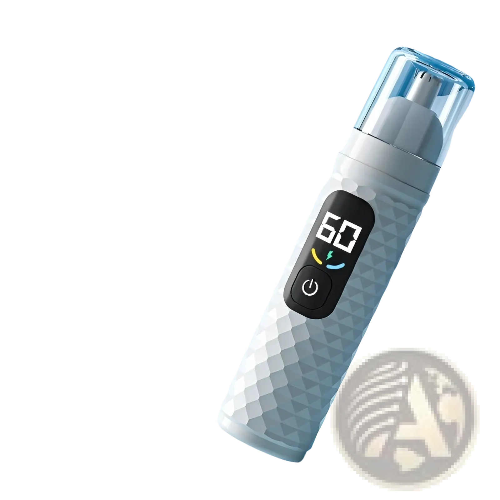 Gray textured electric nose hair trimmer with clear cylindrical top and black digital display showing 60 seconds timer