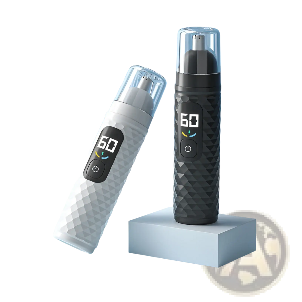 Two sleek textured black electric nose hair trimmers with digital displays and power buttons for precise grooming