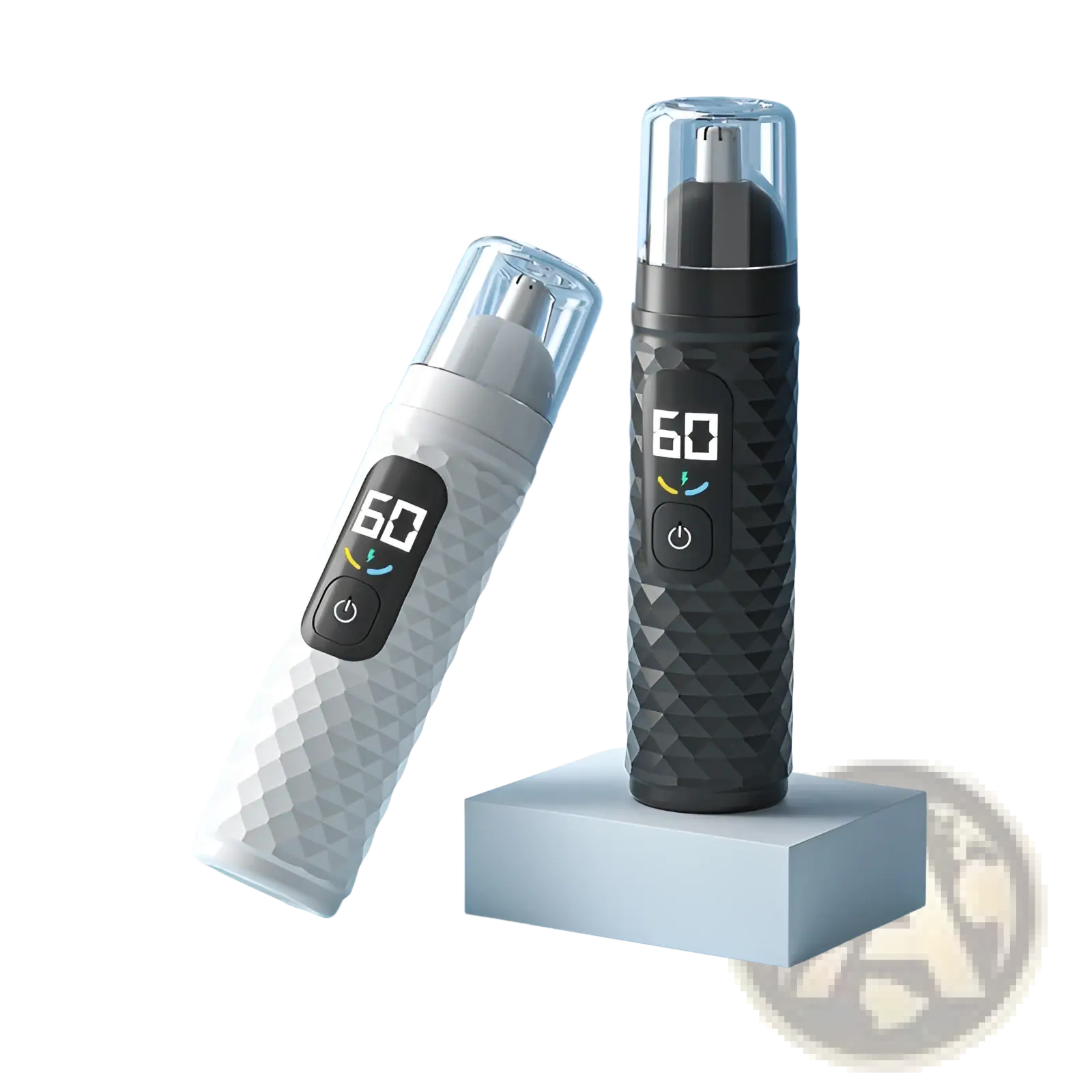 Two sleek textured black electric nose hair trimmers with digital displays and power buttons for precise grooming