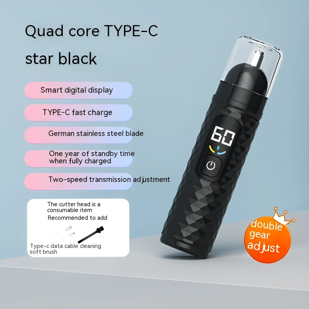 Black star black quad core type-c electric nose hair trimmer with german stainless steel blade and smart digital display