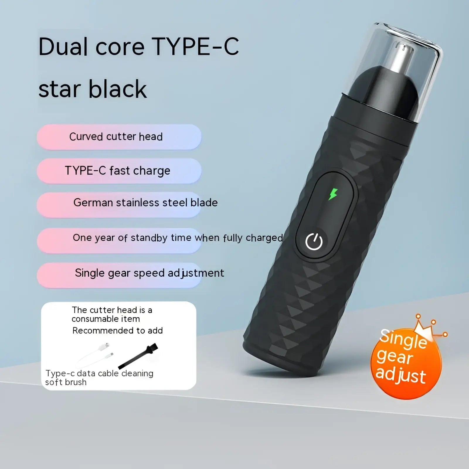 Black dual-core type-c rechargeable electric nose hair trimmer with textured grip and curved cutter head