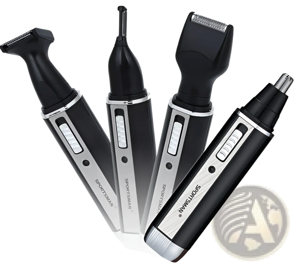 Black and silver sportsman 4 in 1 electric nose hair trimmer grooming set with interchangeable heads for trimming shaving and nose hair removal