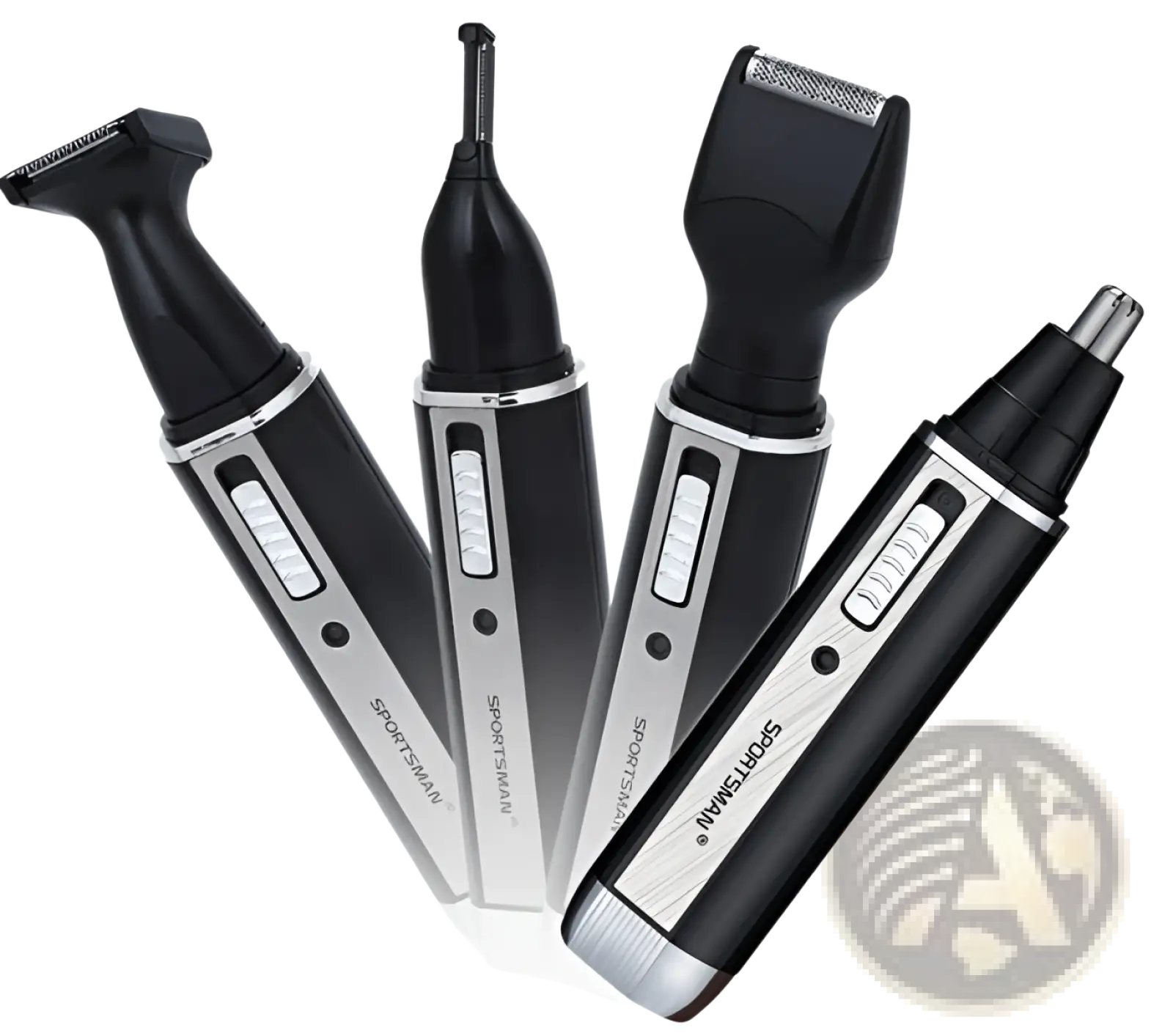 Black and silver sportsman 4 in 1 electric nose hair trimmer grooming set with interchangeable heads for trimming shaving and nose hair removal
