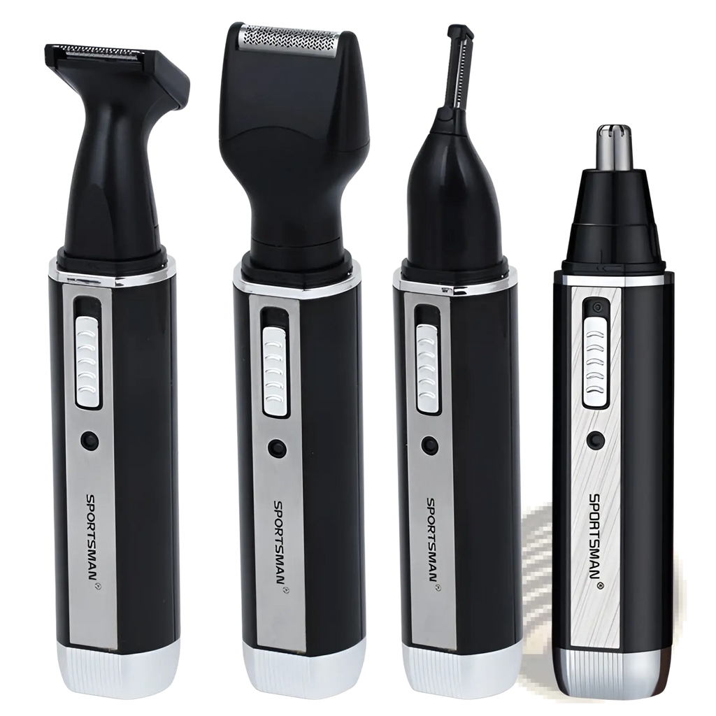 Black and silver sportsman electric nose hair trimmer 4 in 1 grooming set with interchangeable facial hair heads