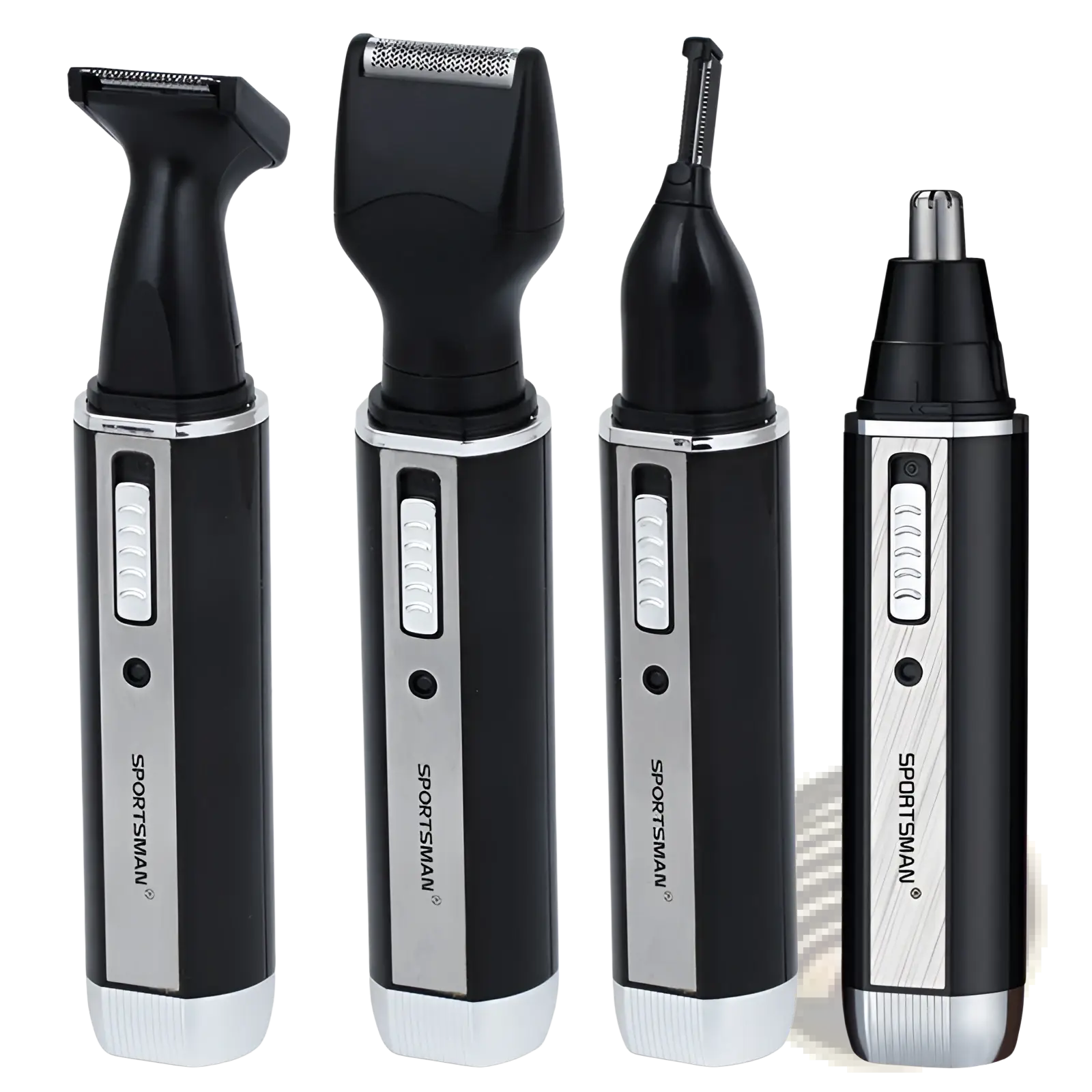 Black and silver sportsman electric nose hair trimmer 4 in 1 grooming set with interchangeable facial hair heads