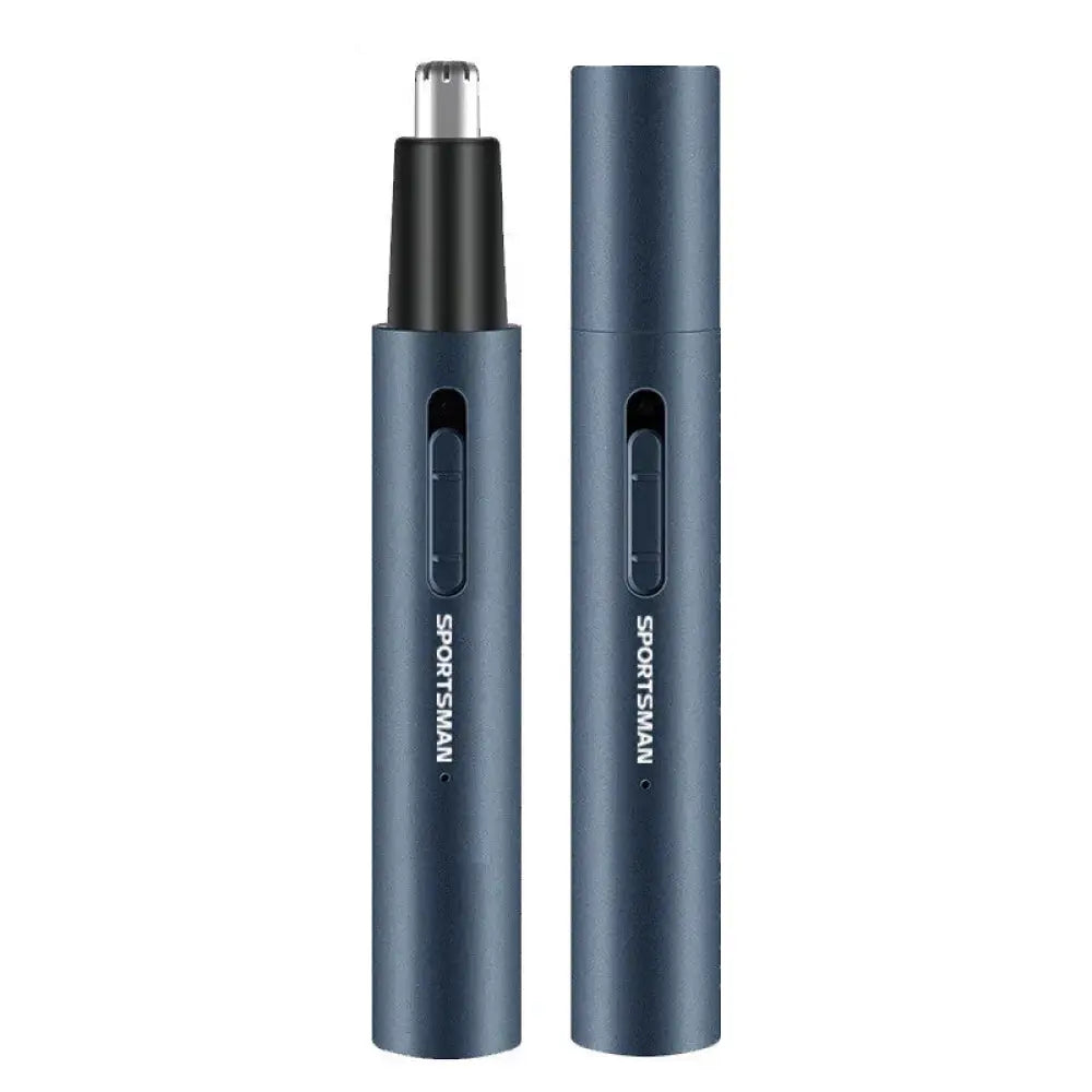 Dark blue metallic Sportsman usb rechargeable electric nose and ear hair trimmer with black and silver accents
