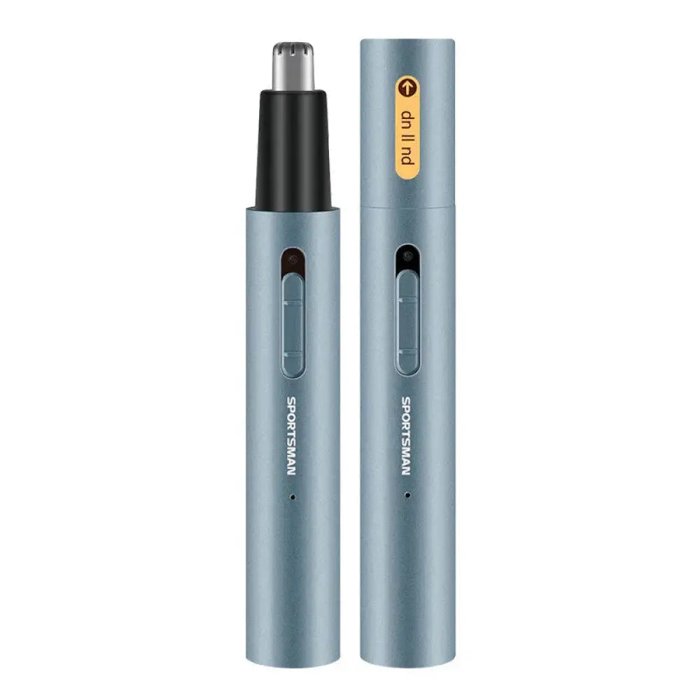 Light blue metallic Sportsman USB rechargeable nose and ear hair trimmer with black silver head and matching case