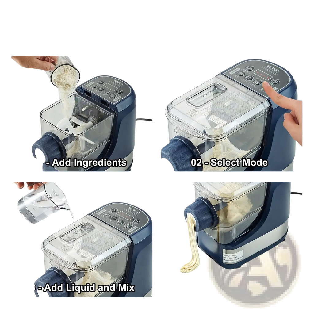 Blue and silver Vevor electric pasta maker 150w with transparent food chamber for automatic noodle making