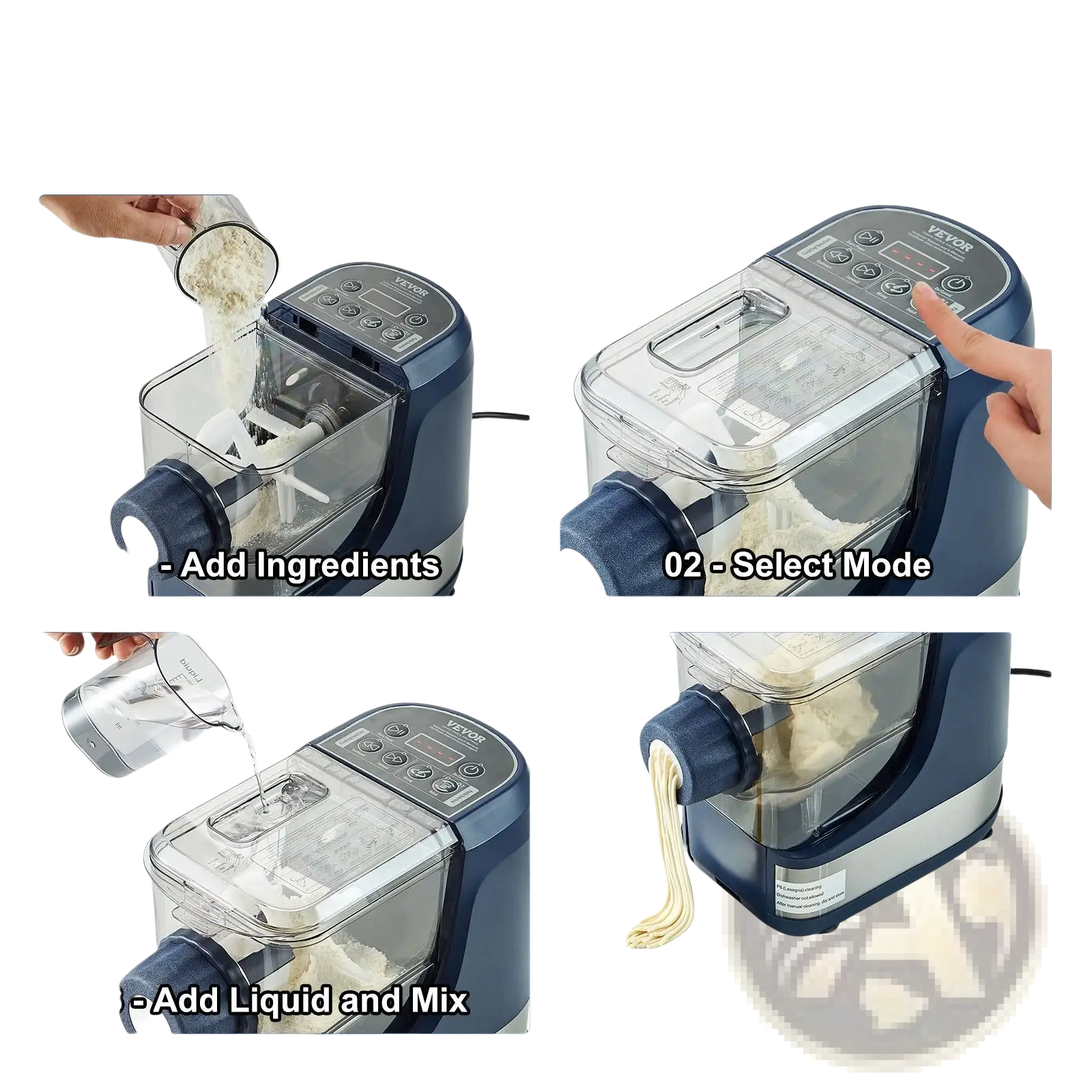 Blue and silver Vevor electric pasta maker 150w with transparent food chamber for automatic noodle making