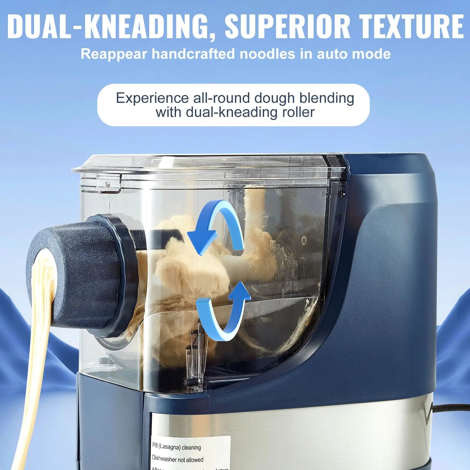 Electric pasta maker 150w automatic noodle machine in blue and silver with dual-kneading and transparent food chamber