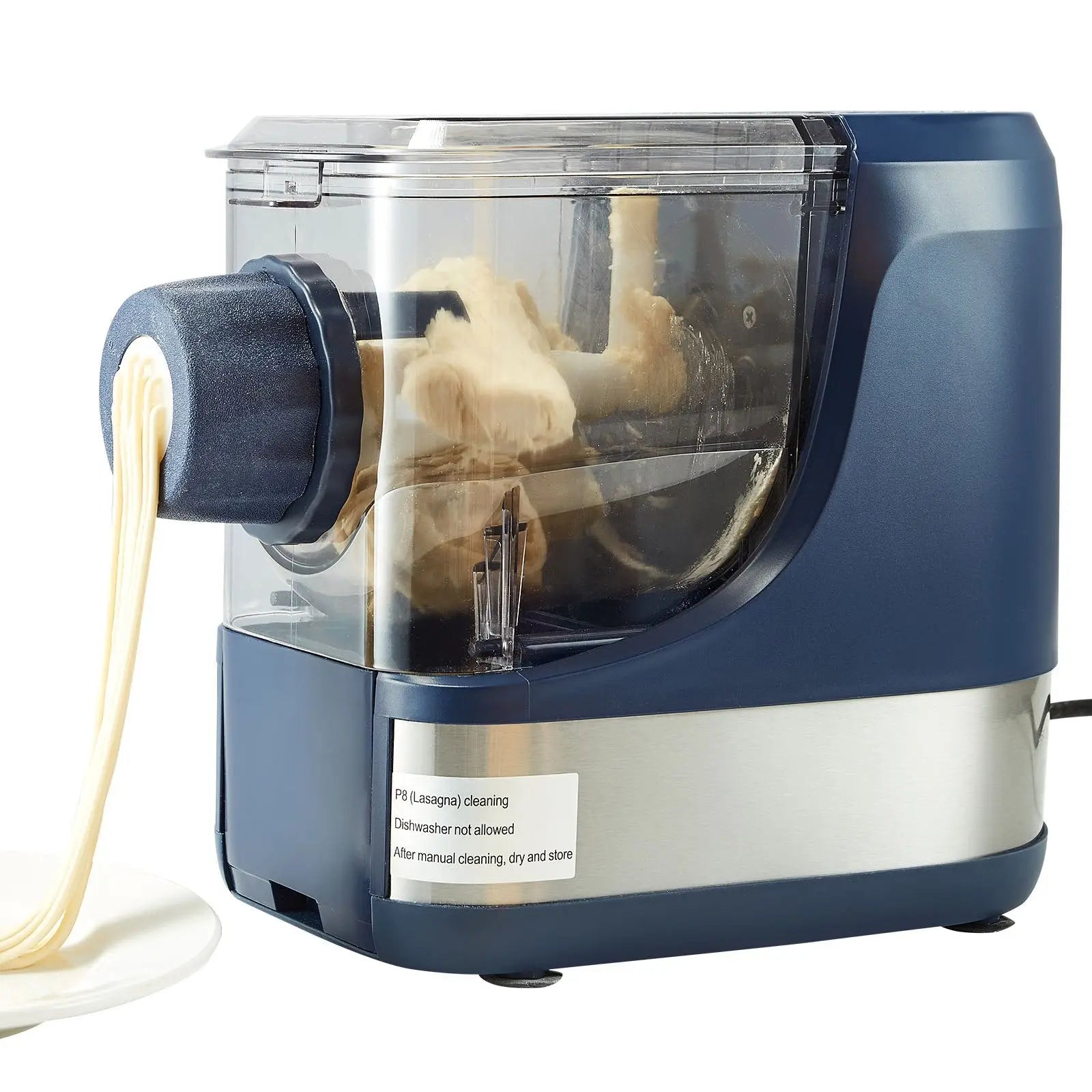 Electric pasta maker 150w automatic noodle machine in blue and stainless steel dispensing fresh pale yellow noodles