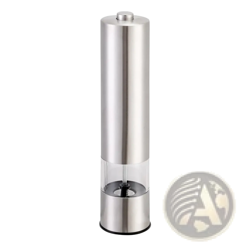 Stainless steel electric pepper grinder with clear glass section showing grinding mechanism and built-in light