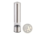 Stainless steel electric pepper grinder with clear glass section showing grinding mechanism and built-in light