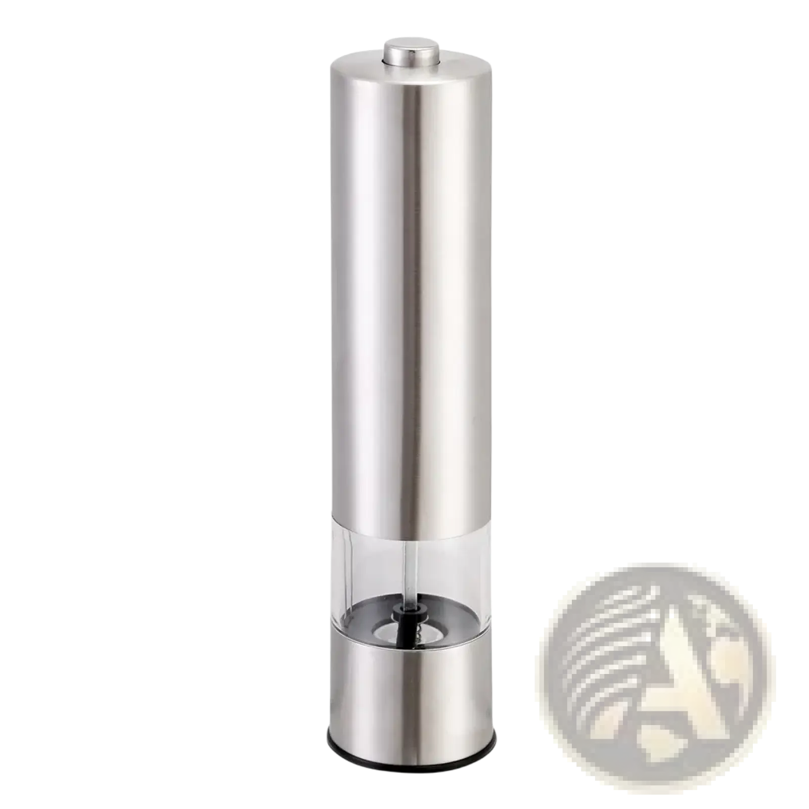 Stainless steel electric pepper grinder with clear glass section showing grinding mechanism and built-in light