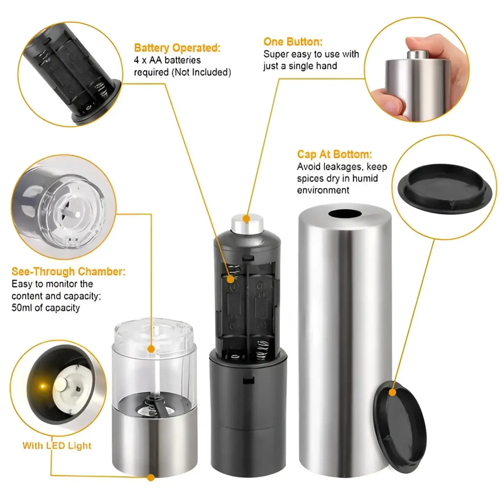 Electric pepper grinder stainless steel mill with built-in led light black accents and transparent spice chamber