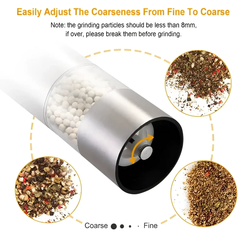 Silver-toned electric pepper grinder stainless steel mill with transparent section showing white beads and adjustable settings