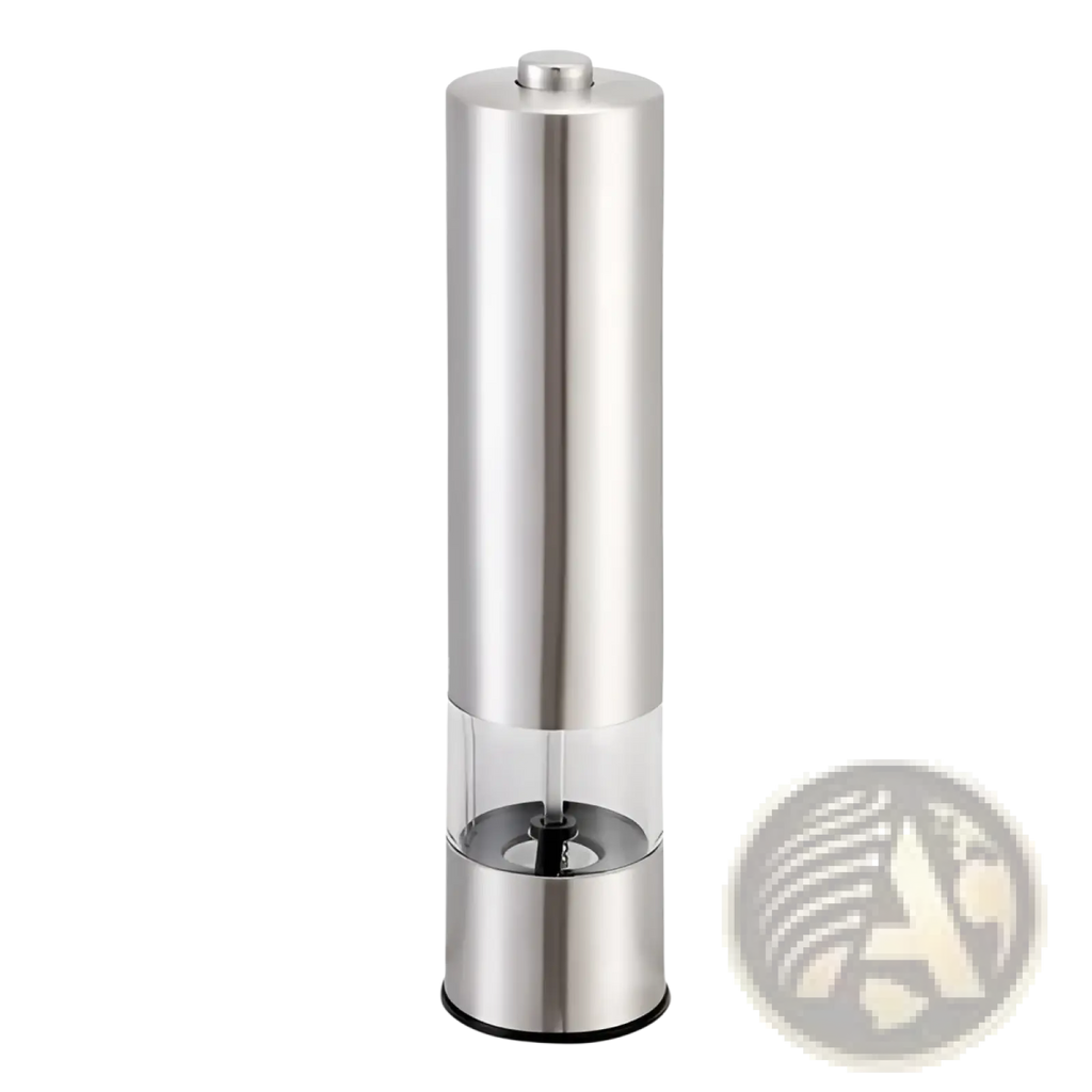Stainless steel electric pepper grinder with a clear glass section showing the grinding mechanism and built-in light