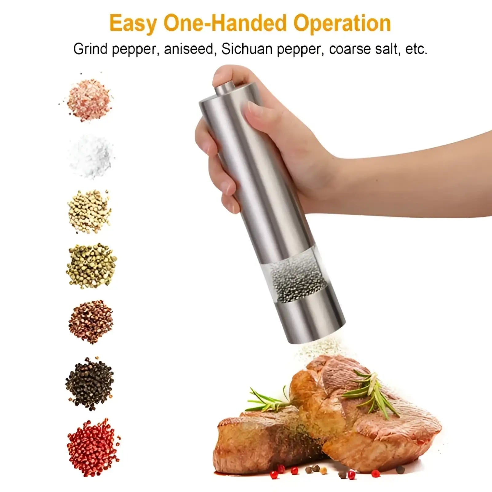 Electric stainless steel pepper grinder with clear window showing black peppercorns inside and built-in light