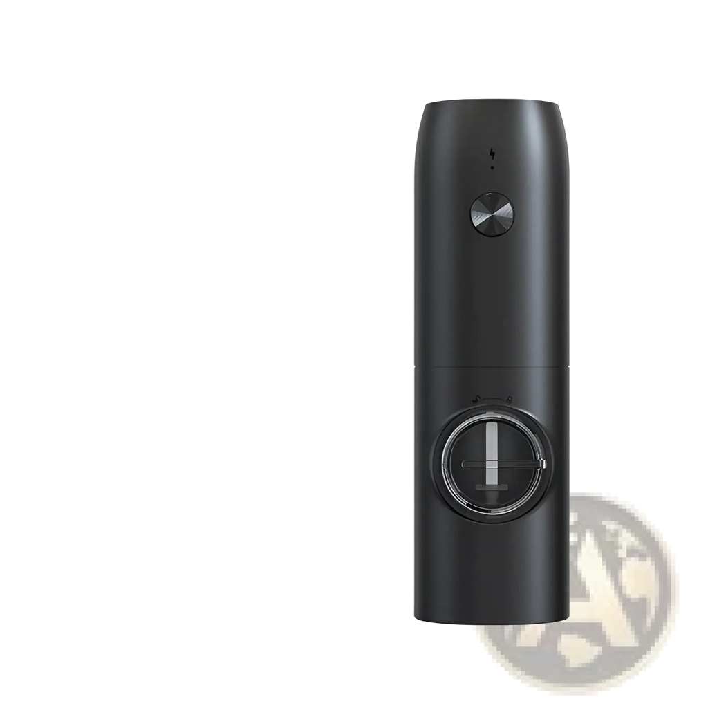 Black cylindrical portable electric pepper mill with metallic button and transparent opening type-c rechargeable