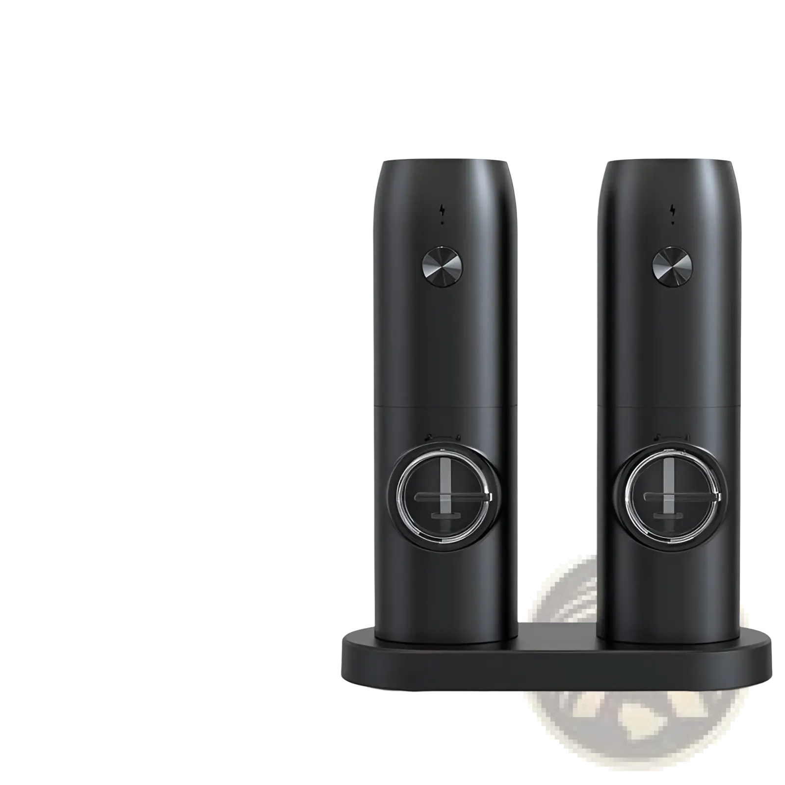 Two sleek black electric pepper and salt grinders with metallic buttons and charging indicators on a matching base
