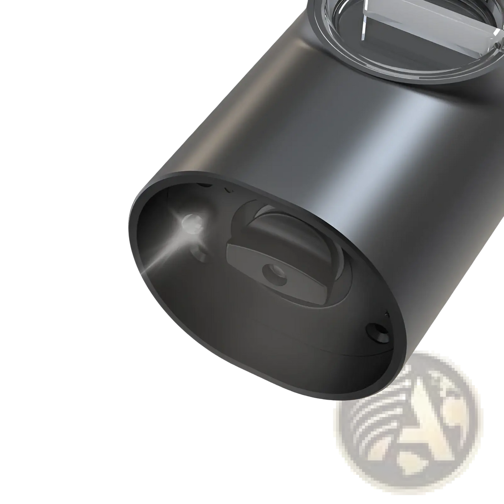 Black cylindrical electric pepper and salt grinder with matte finish and clear circular lens cover type-c rechargeable housing