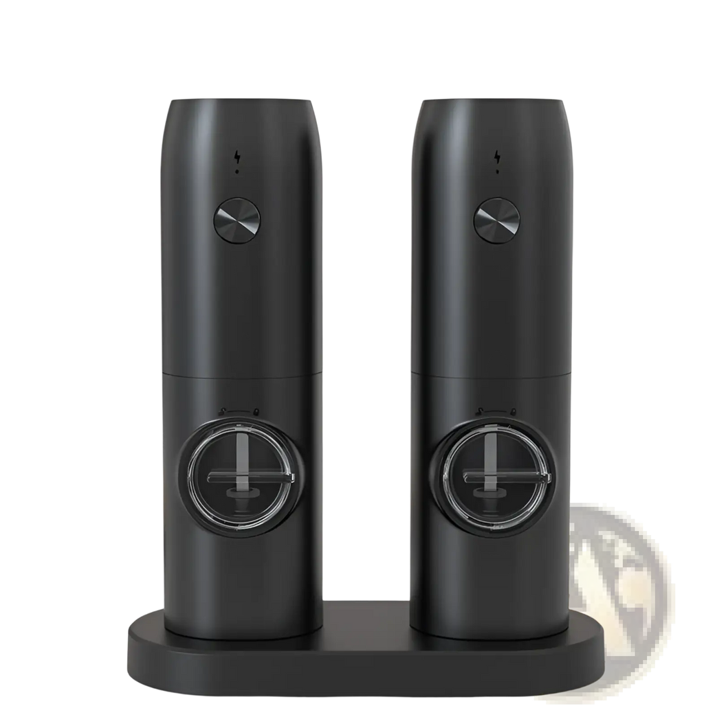 Black electric pepper and salt grinder set with sleek cylindrical design metallic knobs and transparent windows type-c rechargeable