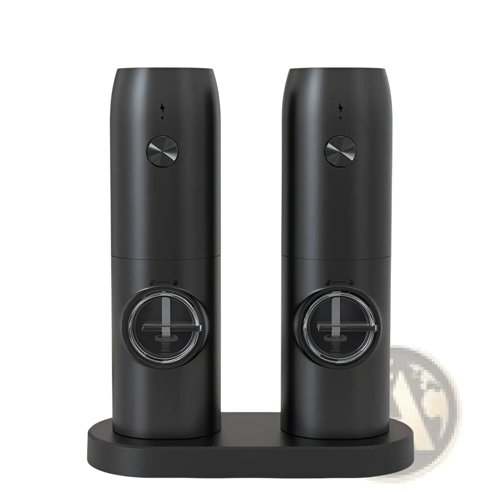 Black electric pepper and salt grinder set with sleek cylindrical design metallic knobs and transparent windows type-c rechargeable