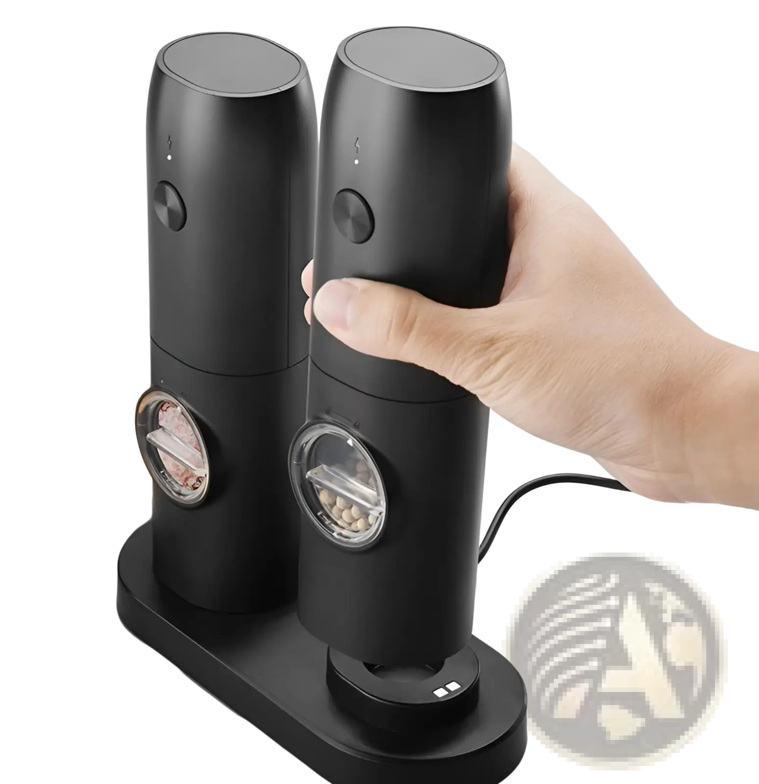 Black electric pepper and salt grinder set with transparent windows and type-c rechargeable feature for kitchen use