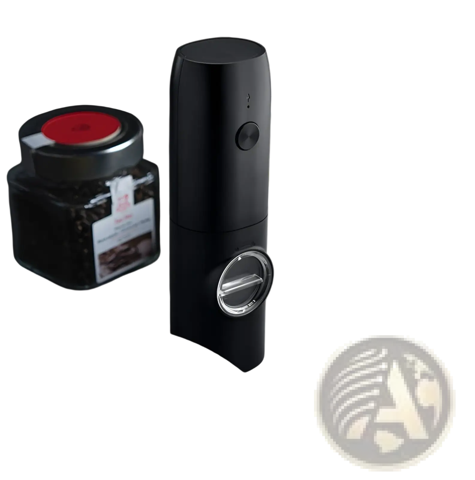 Black electric pepper mill with sleek cylindrical design and transparent dispensing window in type-c rechargeable set