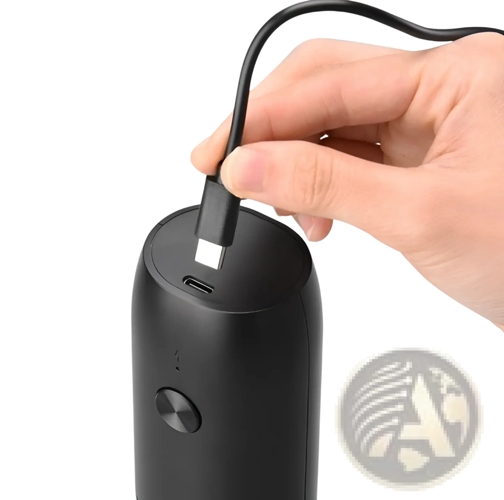 Black cylindrical rechargeable electric pepper and salt grinder set with usb-c port and circular power button