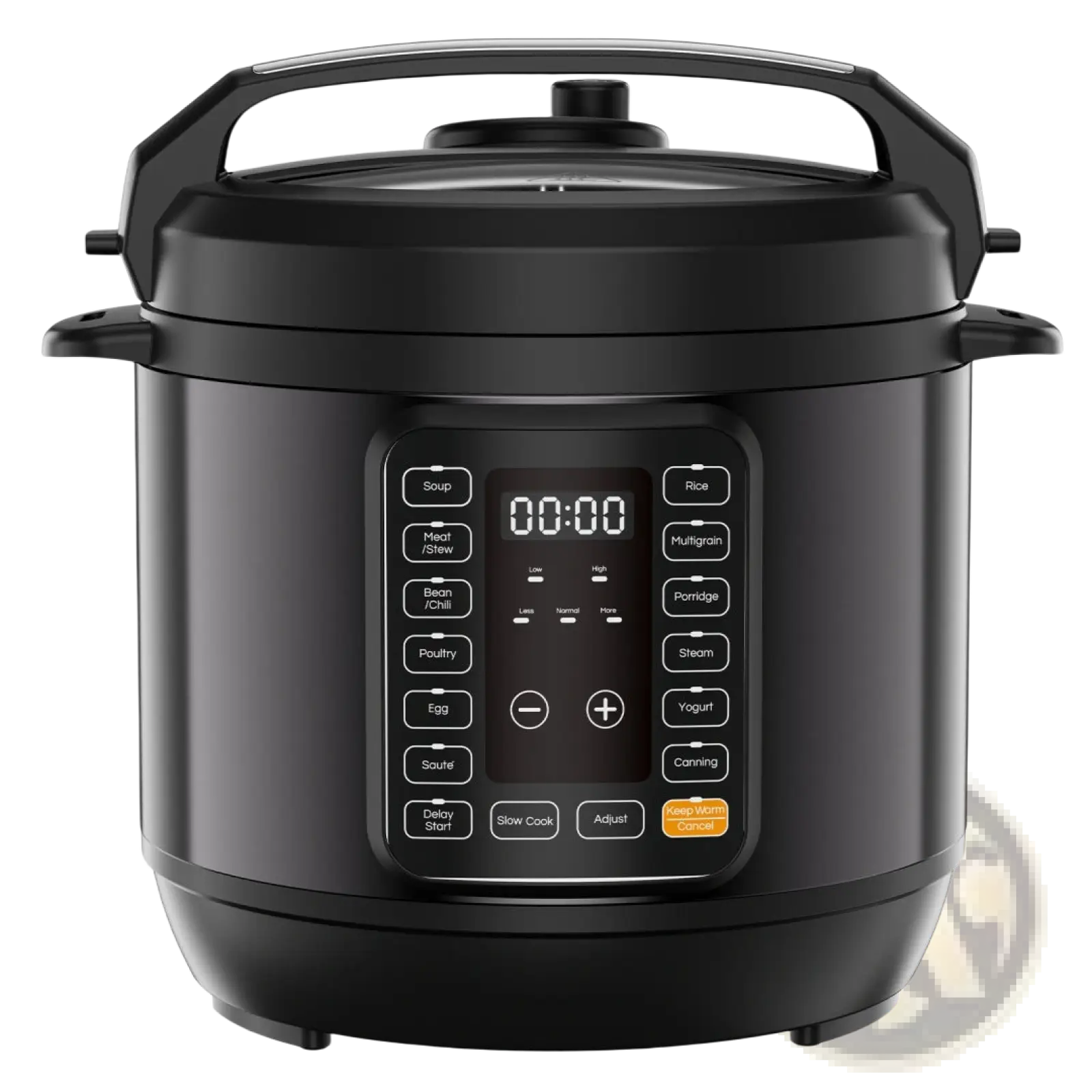 Black electric pressure cooker digital multi cooker with control panel and multiple cooking function buttons 6qt 8qt