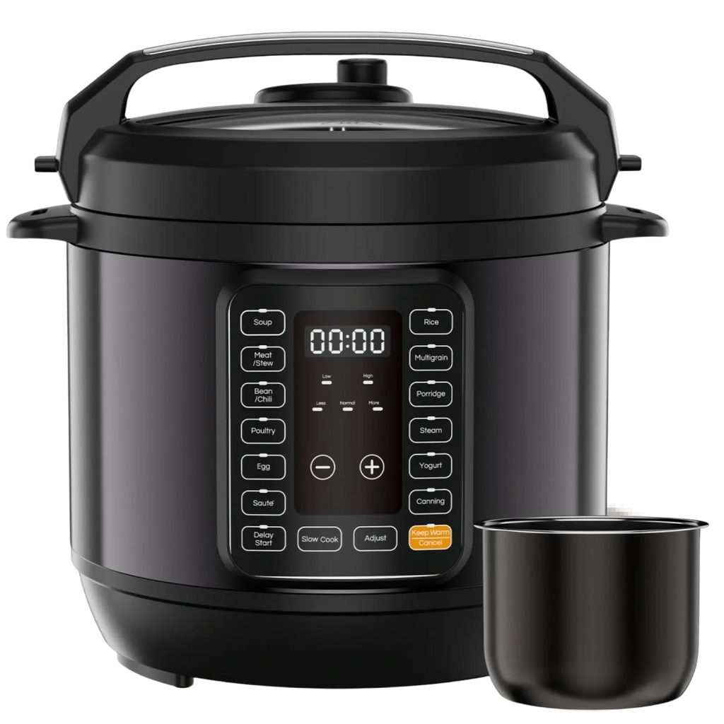 Black electric digital pressure cooker with sleek modern design and multiple function buttons for versatile cooking options