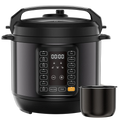 Black electric digital pressure cooker with sleek modern design and multiple function buttons for versatile cooking options