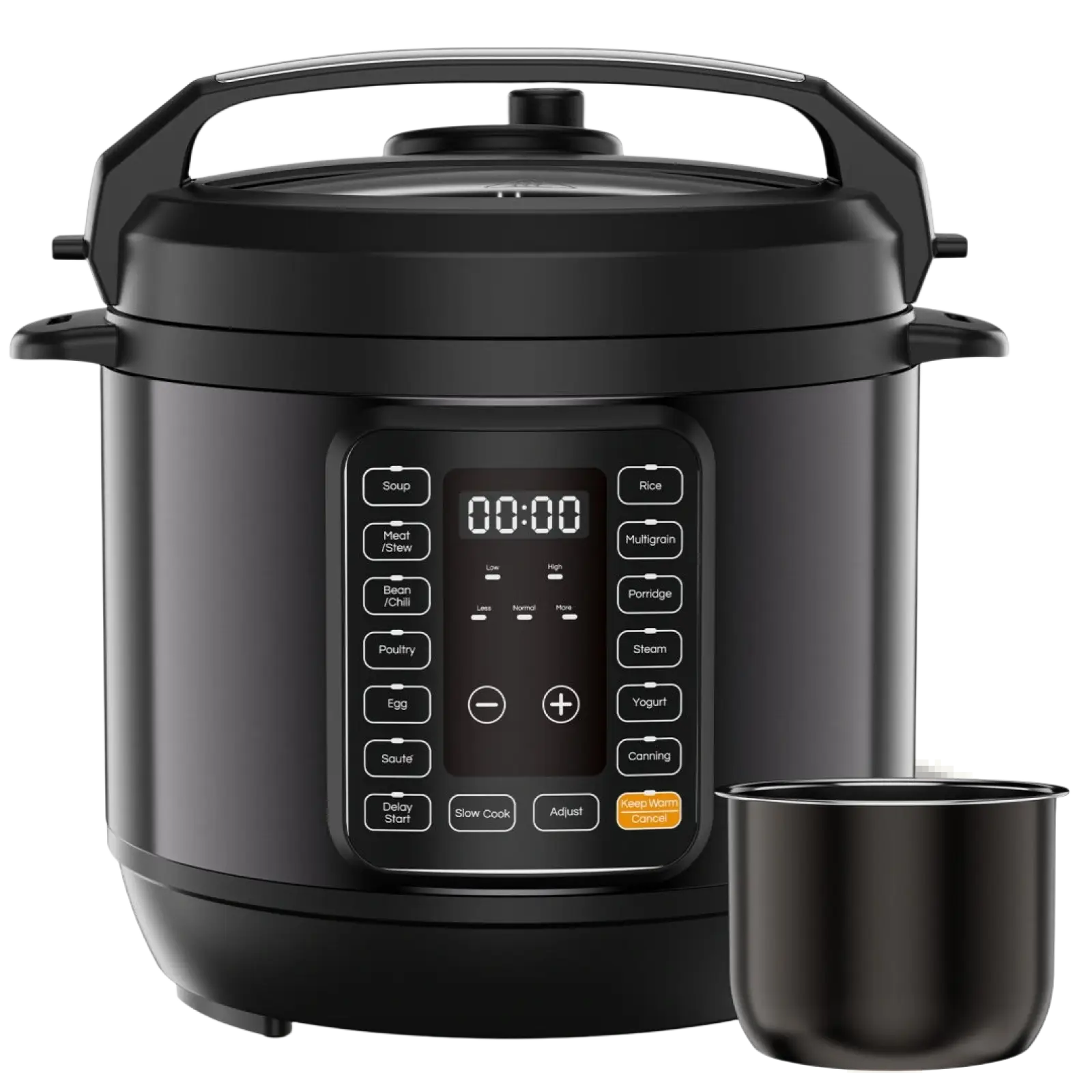 Black electric digital pressure cooker with sleek modern design and multiple function buttons for versatile cooking options