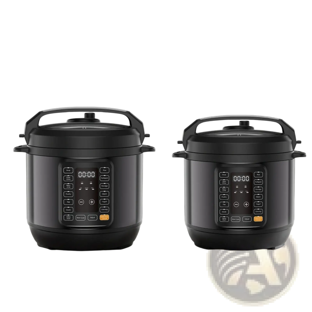 Black 8-quart and 6-quart electric pressure cookers with digital control panels in a multi cooker design