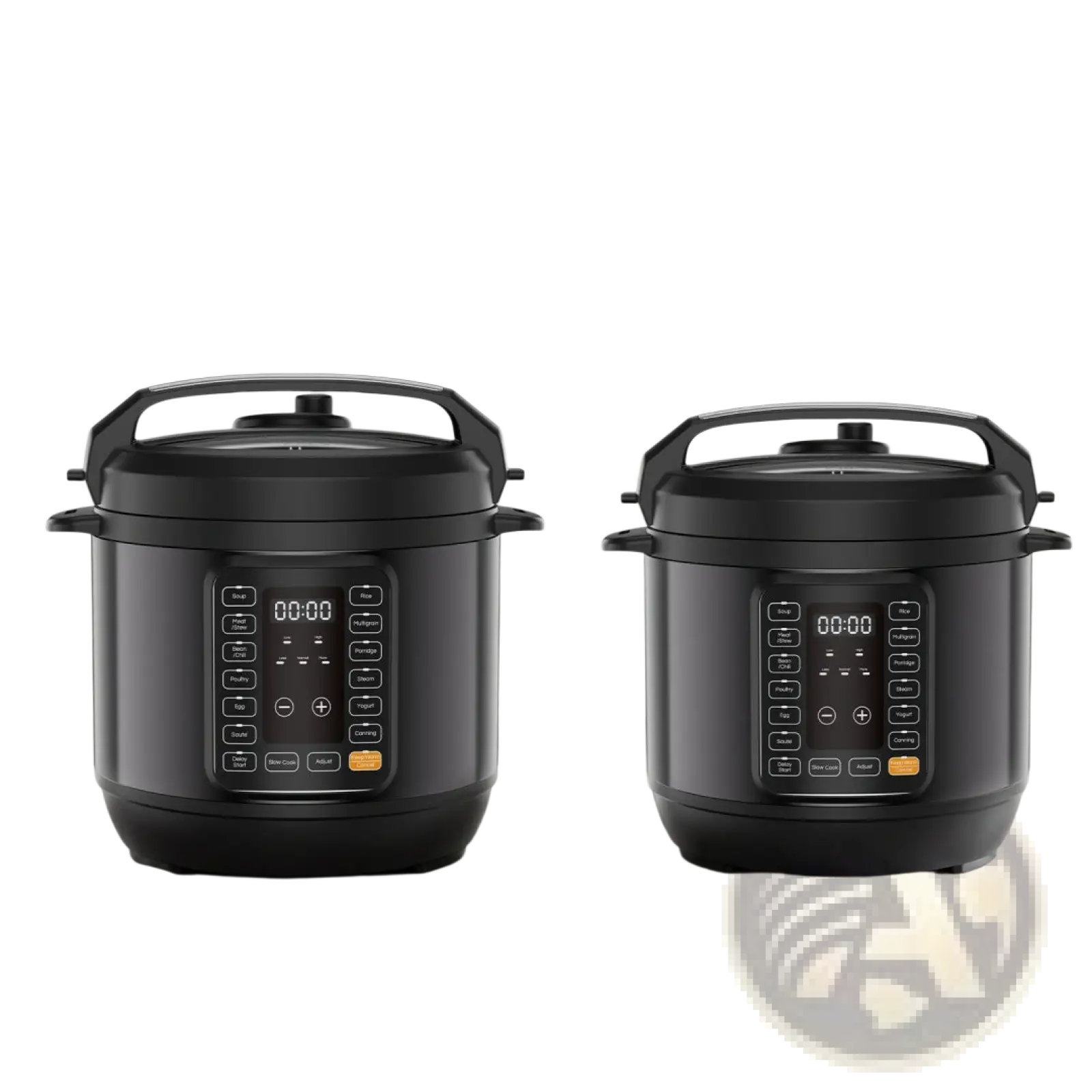 Black 8-quart and 6-quart electric pressure cookers with digital control panels in a multi cooker design